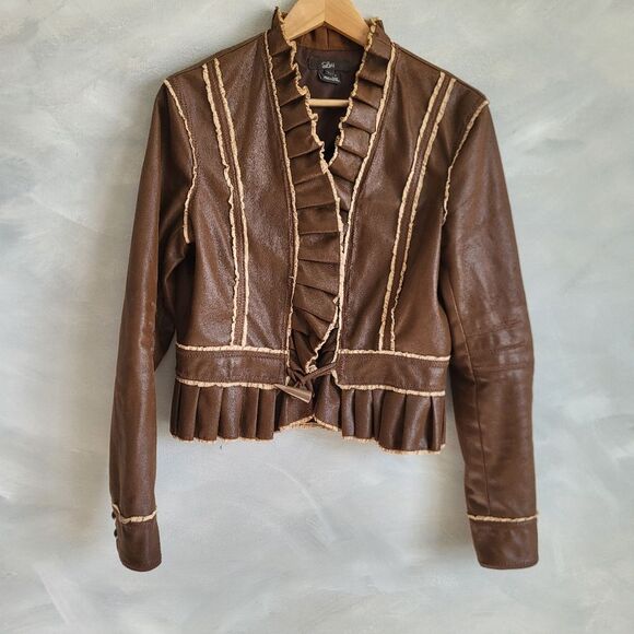 Y2K Luii Brown Faux Vegan Leather Ruffle Blazer Jacket. Sz L Crop Cinch Waist - Picture 1 of 11